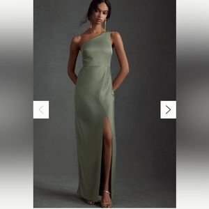 BHLDN Dylan One-Shoulder Satin Side-Slit Gown (Size 6 US) in Sage Green